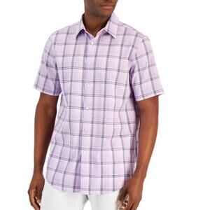 Club Room Men's Giza Plaid Poplin Short Sleeve Dress Shirt Lilac Purple Small